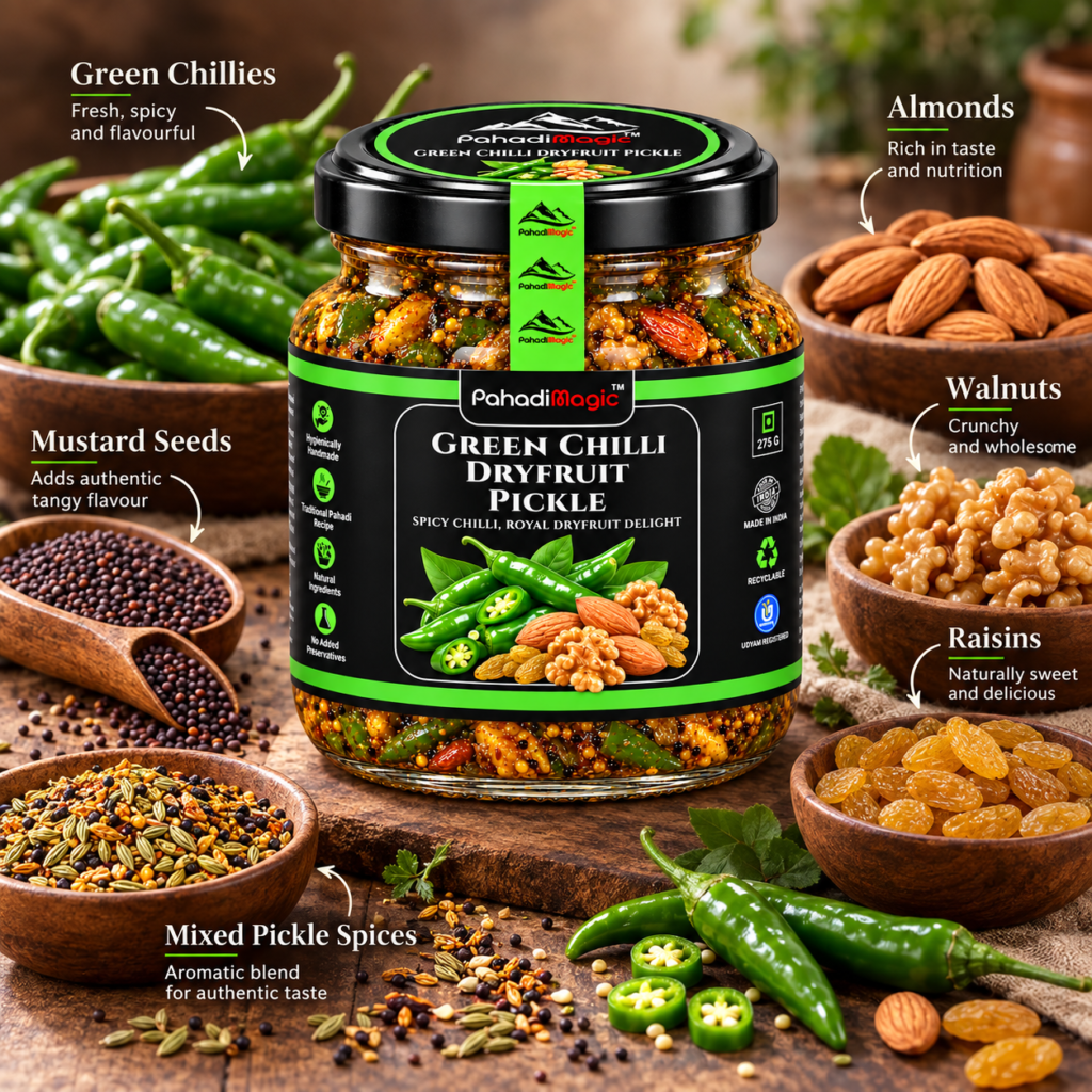 Green Chilli Dryfruit Pickle 275g - Pahadi Magic product view 4