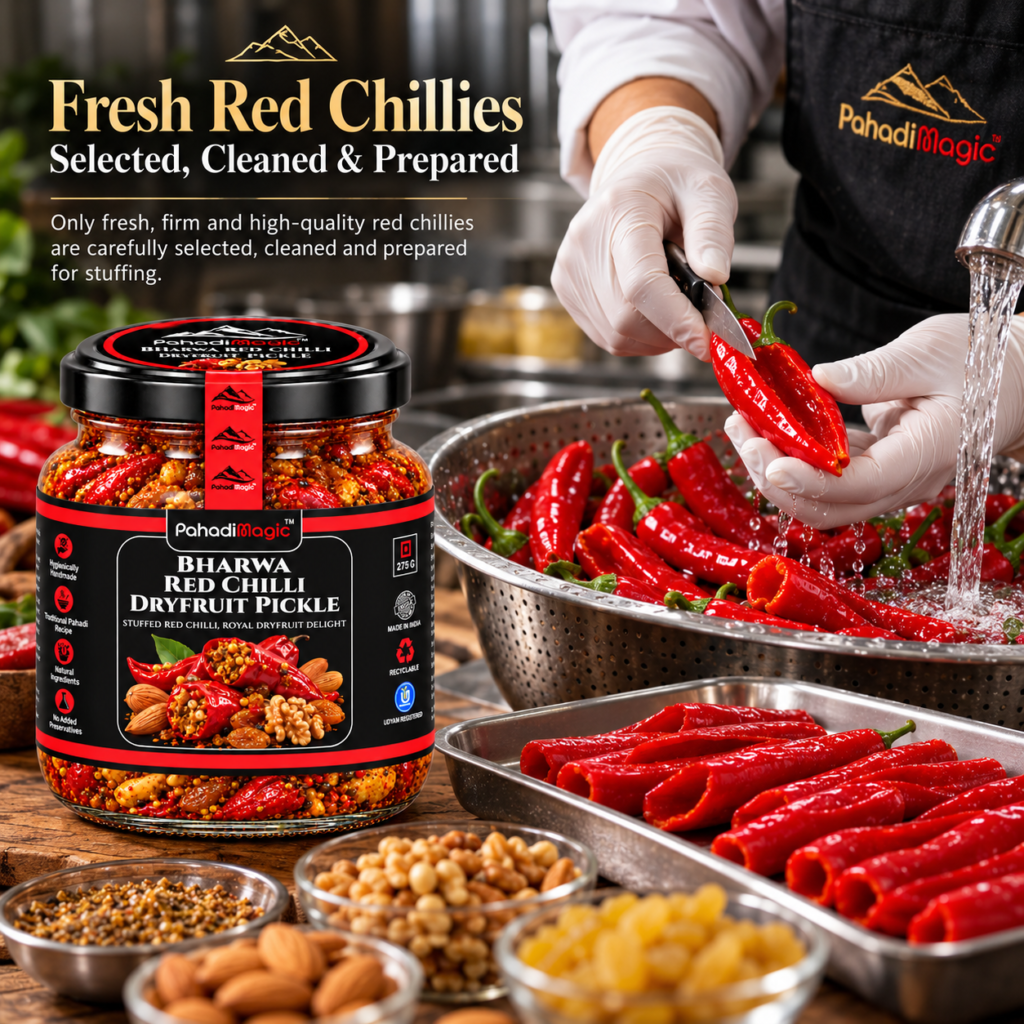 Bharwa Red Chilli Dryfruit Pickle 275g - Pahadi Magic product view 4