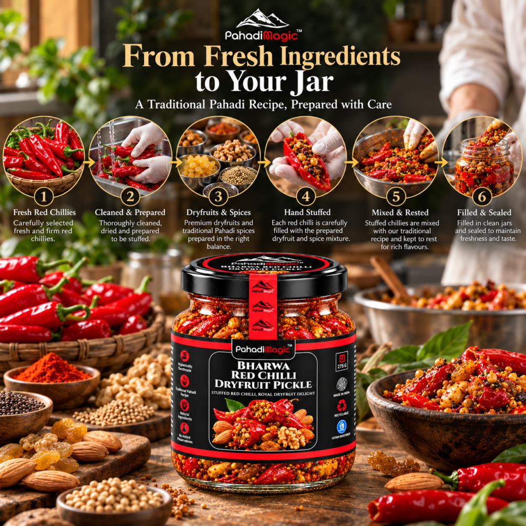 Bharwa Red Chilli Dryfruit Pickle 275g - Pahadi Magic product view 3